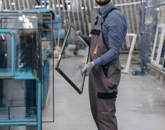 Factory worker wearing uniform and gloves holding glass pane for pvc windows and doors production in a factory