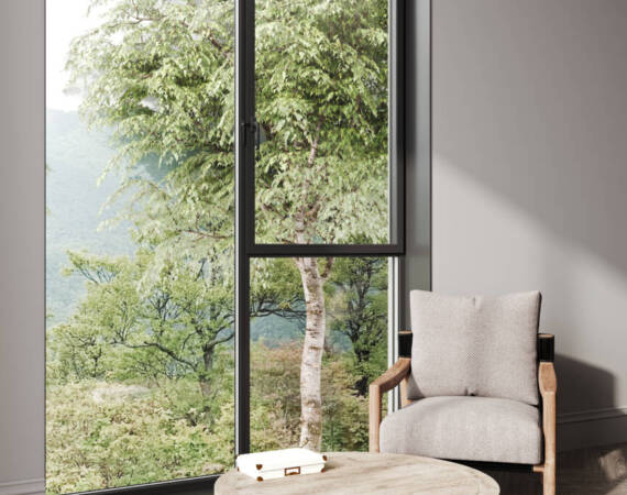 Living room interior mockup with beige armchair, coffee table, big window with tree, 3D render